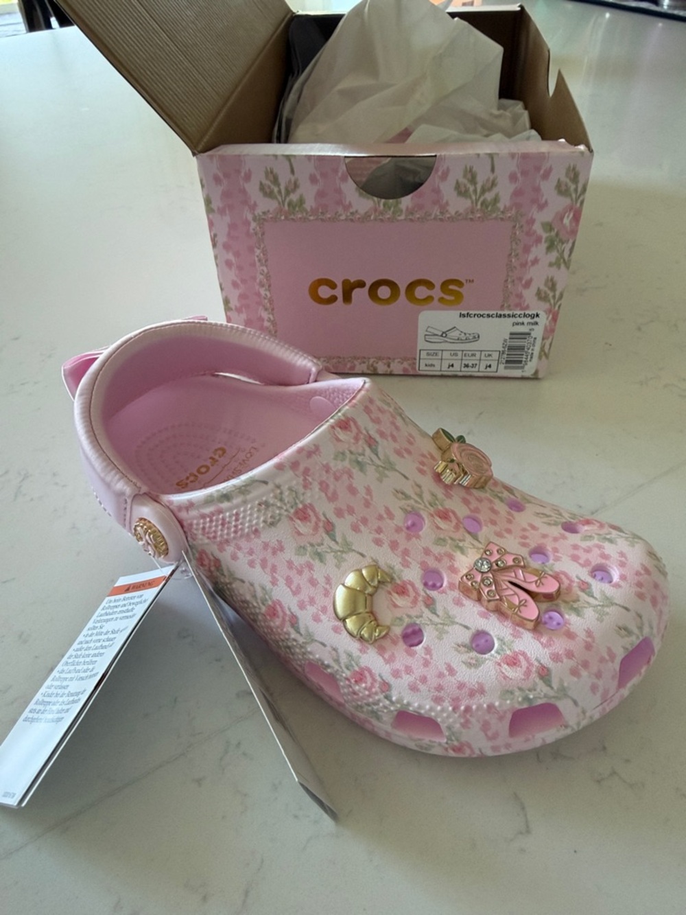NWT CROCS Love Shack Fancy Pink Floral Classic Clog with Gold Charms